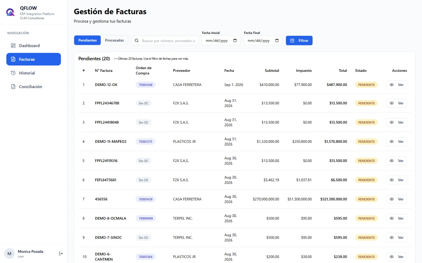 Lista de facturas pendientes en QFLOW