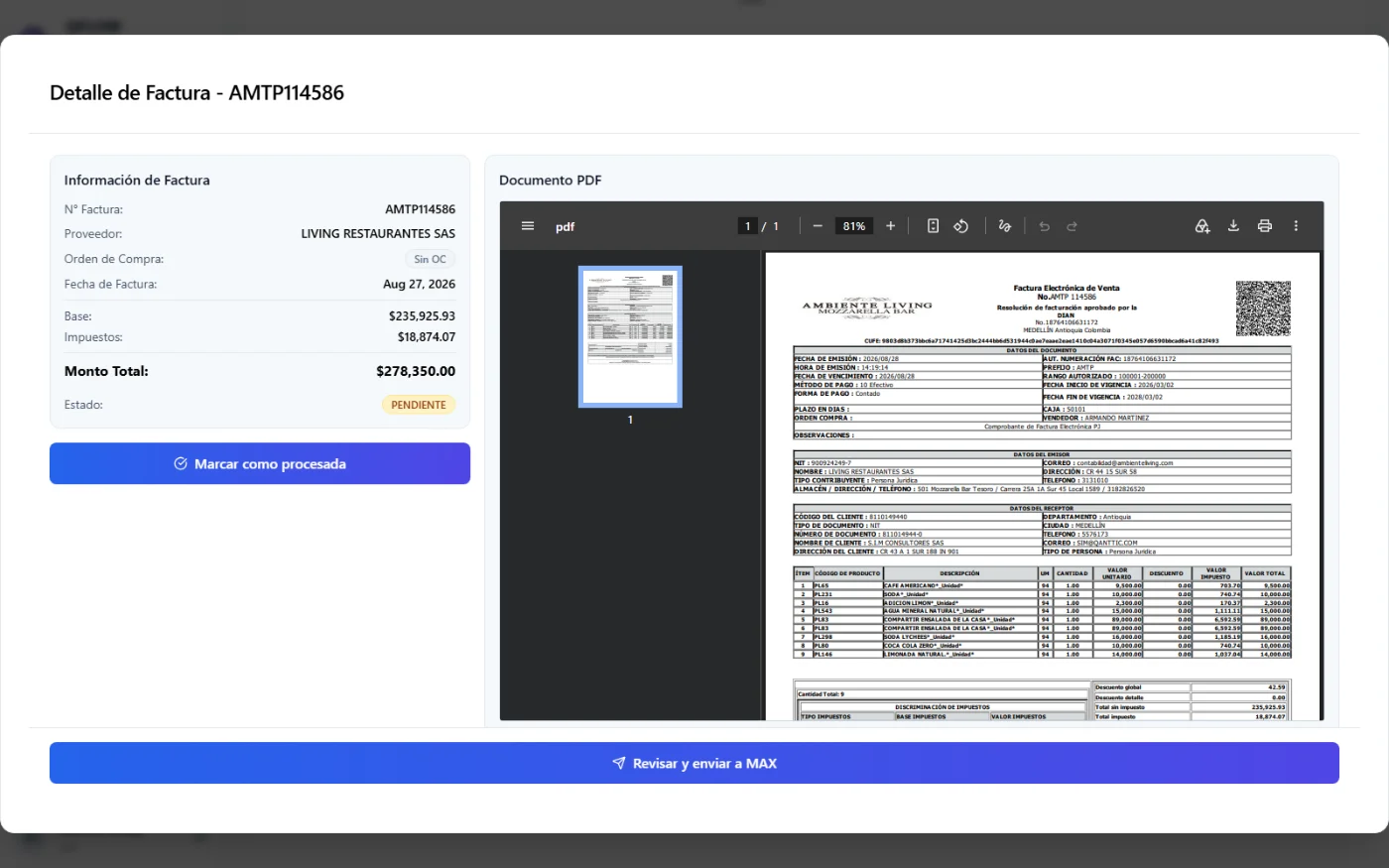 Detalle de factura con el PDF al lado