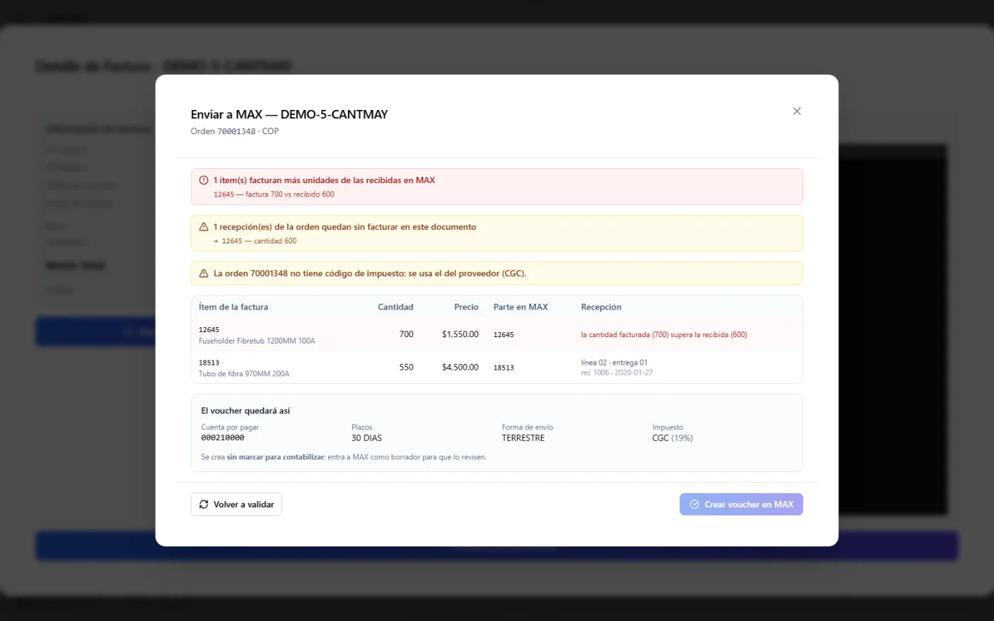 QFLOW bloquea una factura que cobra más unidades de las recibidas